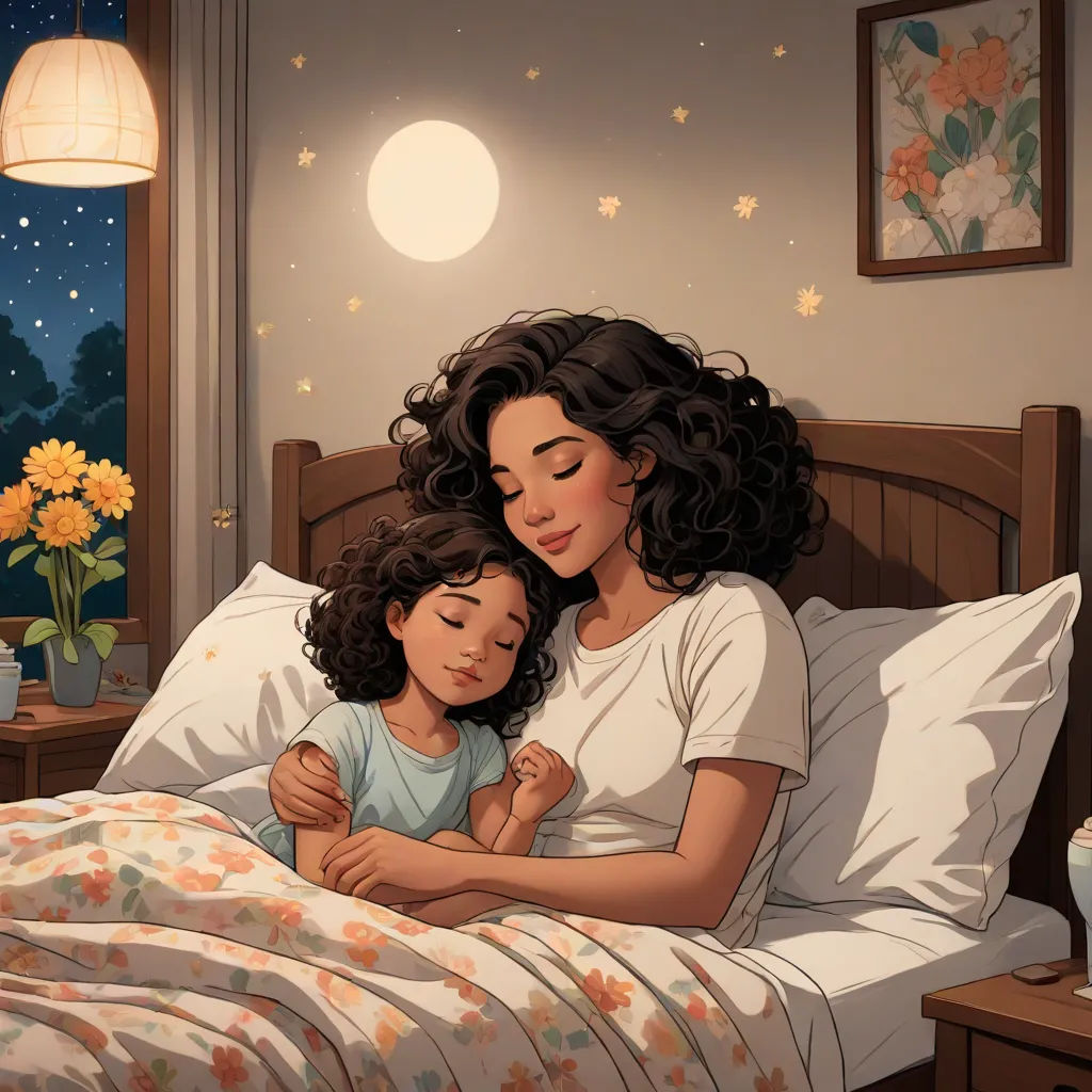 a woman and a child are in bed together, with the child hugging her mother's chest and the night sky in the background, a storybook illustration, Evgeny Lushpin, space art, storybook illustration