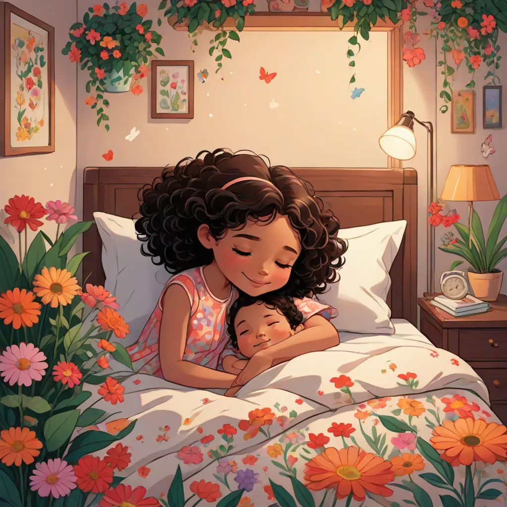 a girl is laying in bed with a baby in her arms and flowers all around her head and a clock on the wall, a storybook illustration, Diego Gisbert Llorens, magical realism, storybook illustration