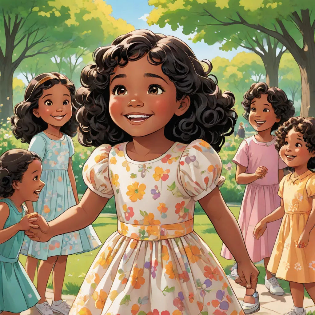 a cartoon of a girl holding hands with other girls in a park behind her, all wearing dresses and holding hands, a storybook illustration, Ella Guru, american scene painting, comic cover art