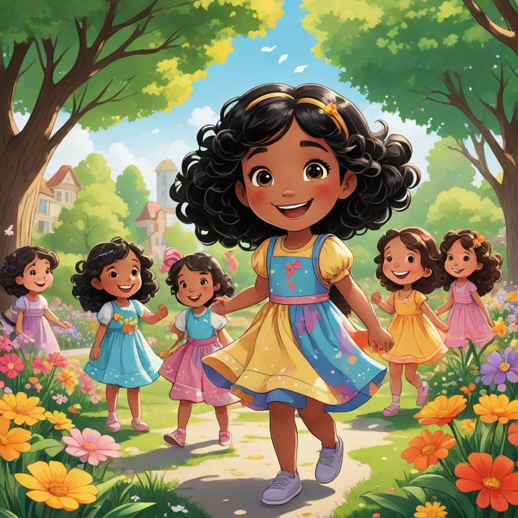 a cartoon girl in a yellow dress is walking with her children through a park with flowers and trees on either side of her, a storybook illustration, Ella Guru, private press, promotional image