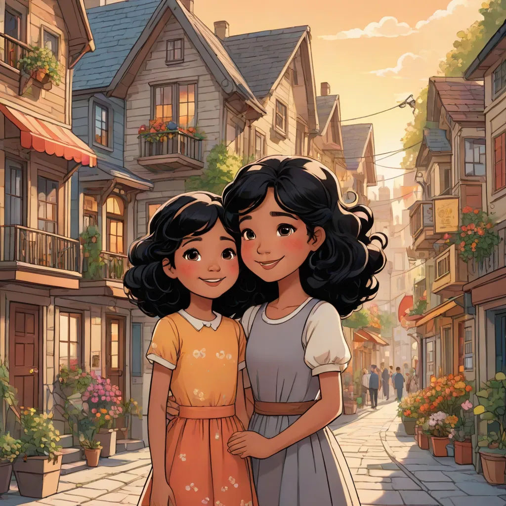 two girls standing in front of a street with houses on it and a sunset in the background, with a person standing behind them, a storybook illustration, disney, magical realism, comic cover art