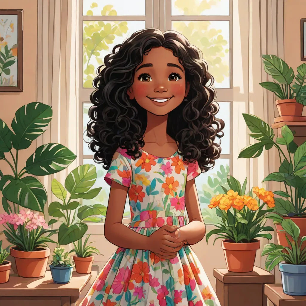 a cartoon girl standing in front of a window with potted plants in front of her and smiling at the camera, a storybook illustration, Alexis Simon Belle, magical realism, comic cover art