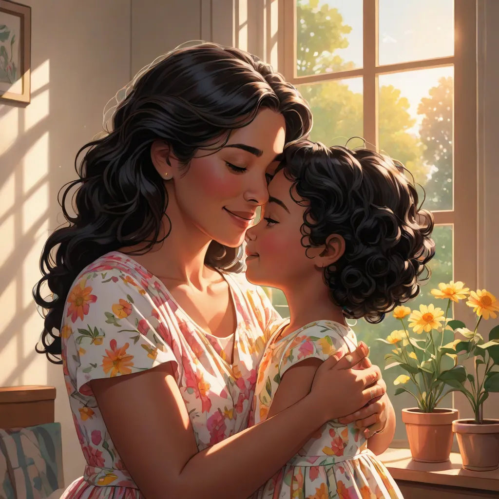 a painting of a mother and daughter hugging each other in front of a window with sun shining through the window, a storybook illustration, Brothers Hildebrandt, american scene painting, kinkade