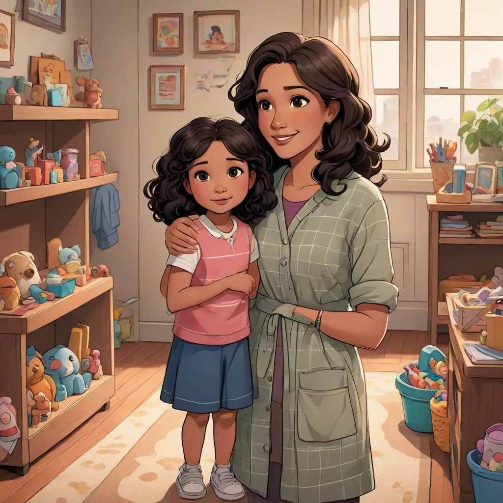 a woman and a little girl standing in a room with toys on the shelves and a window behind them, a storybook illustration, disney, sots art, official art