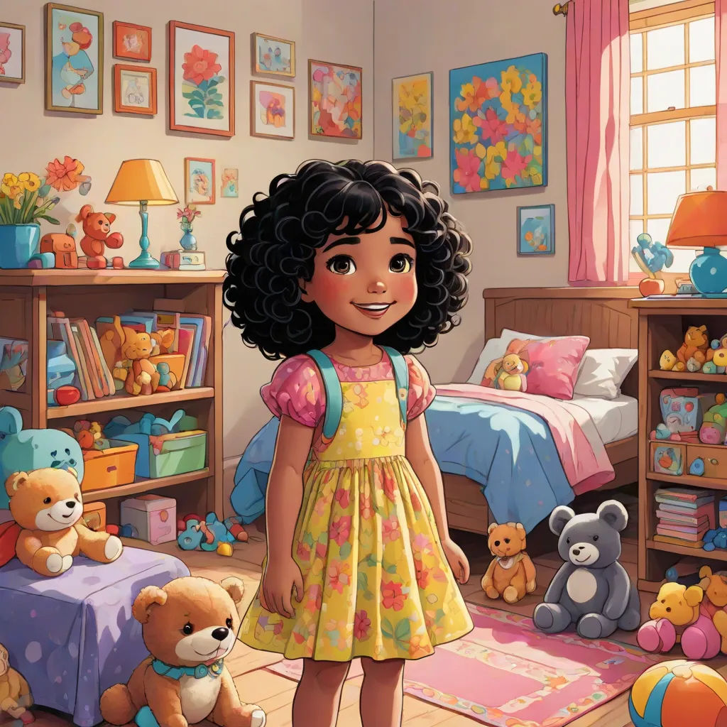 a cartoon girl standing in a bedroom with teddy bears and a bed in the background with a teddy bear on the floor, a storybook illustration, Alexis Simon Belle, photorealism, pixar and disney animation