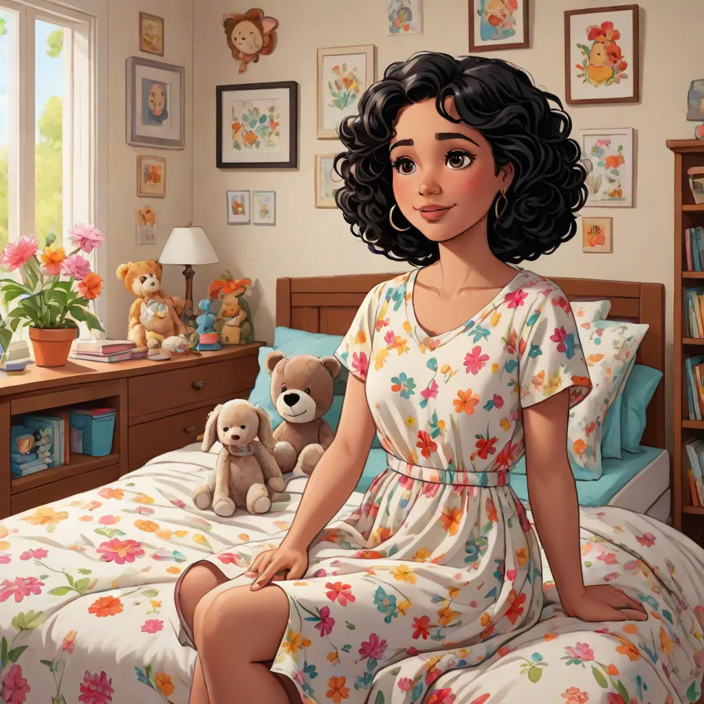 a woman sitting on a bed with a teddy bear in her hand and a teddy bear on the bed, a storybook illustration, Beatrice Huntington, photorealism, kinkade