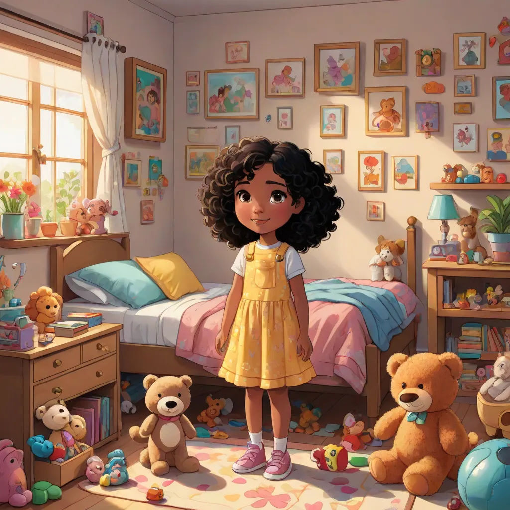 a girl standing in a bedroom with teddy bears and a bed with a lot of pictures on the wall, a storybook illustration, Chris LaBrooy, photorealism, pixar and disney animation