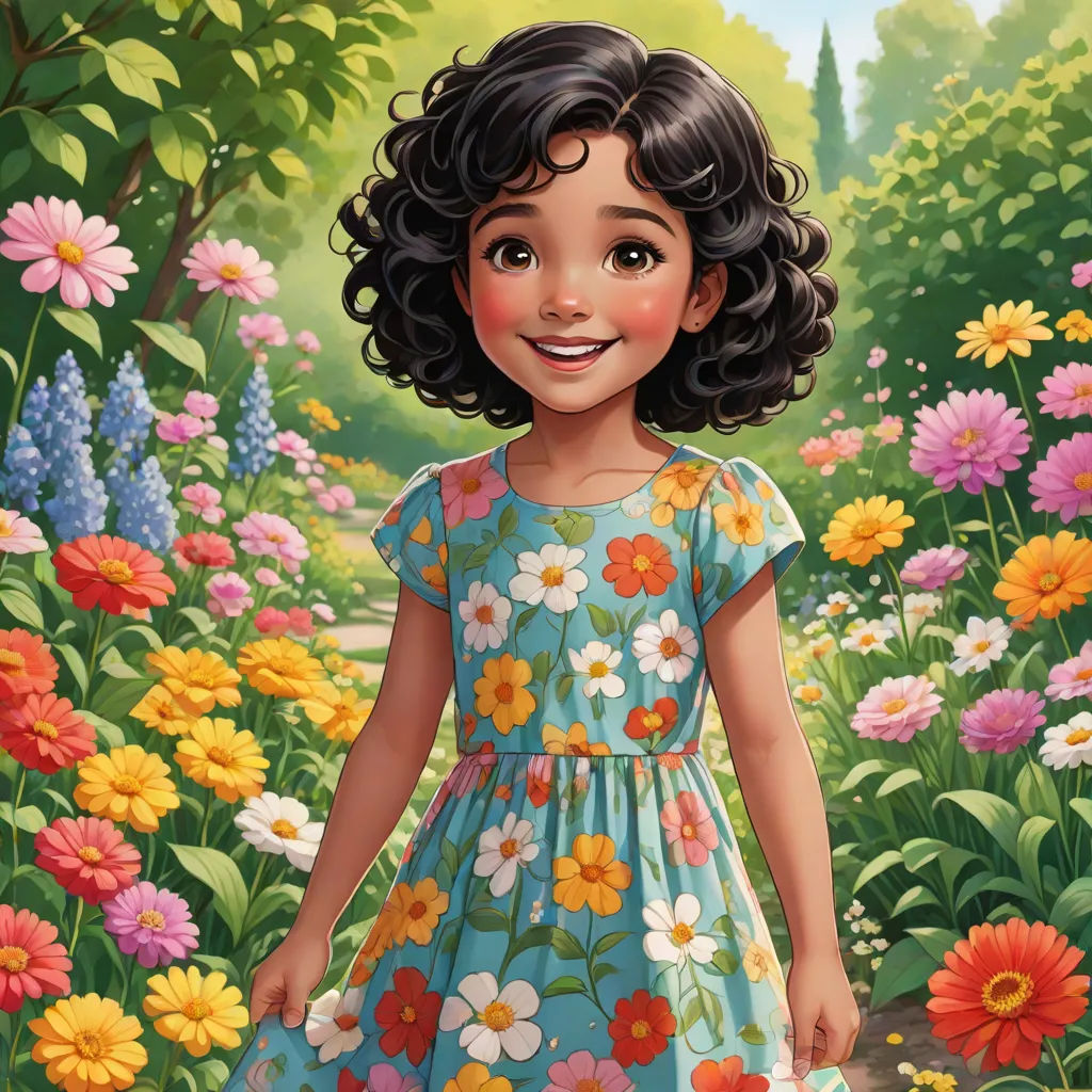 a painting of a girl in a flower garden with flowers around her and a blue dress with white and yellow flowers, an ultrafine detailed painting, Alice Prin, photorealism, kinkade