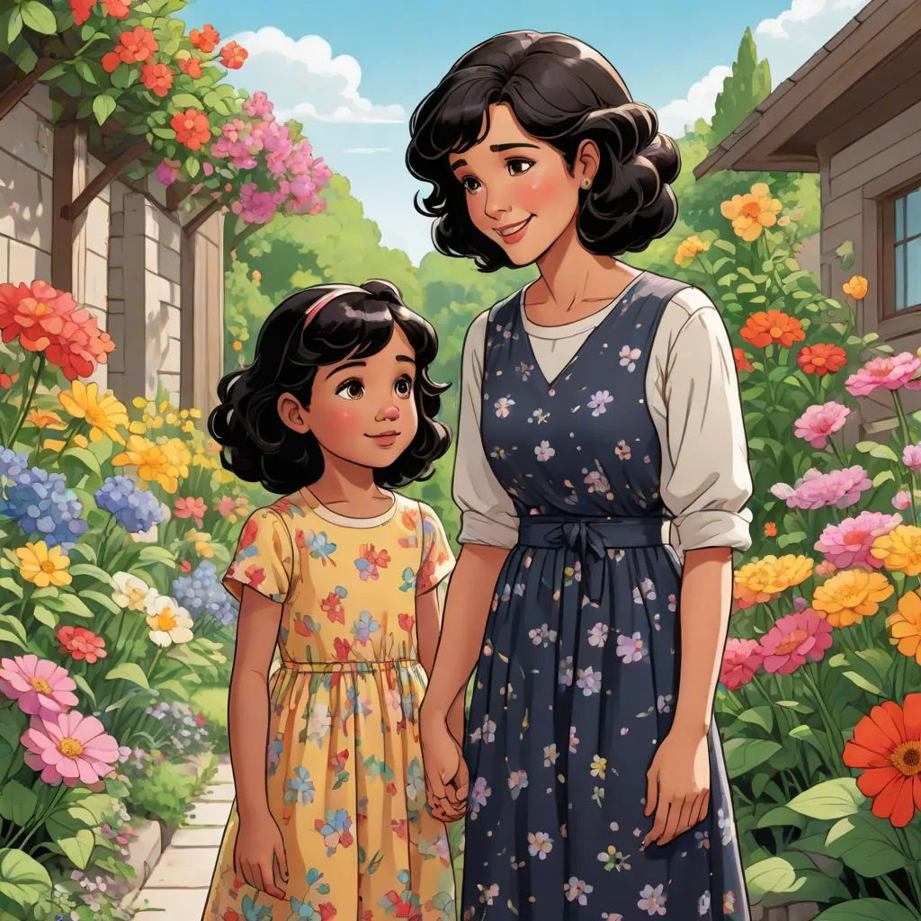 a woman and a little girl standing in front of flowers and a house with a flower garden in the background, a storybook illustration, Anne Said, american scene painting, official art