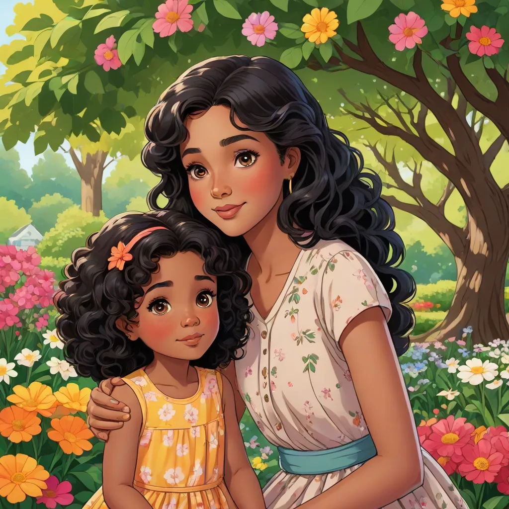 a painting of a mother and daughter in a flower garden with trees and flowers in the background and a sky, a storybook illustration, disney, lyco art, kinkade