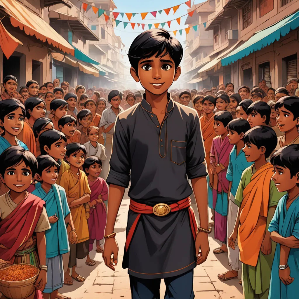 a man standing in front of a crowd of people in a village with a banner above him that says,, samikshavad, a storybook illustration, Altoon Sultan, graphic novel