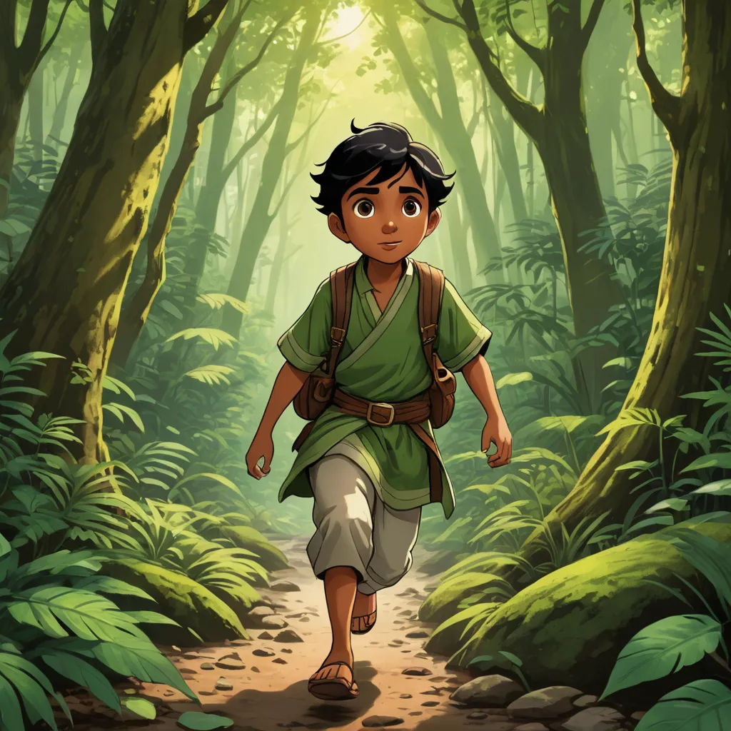 a boy in a green shirt and white pants walking through a forest with a backpack on his back and a backpack on his shoulder, sots art, concept art, Cliff Childs, official art