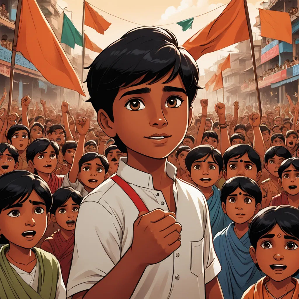 a boy is standing in front of a crowd of people with flags in the background and a man holding a red bag, samikshavad, a comic book panel, Ella Guru, graphic novel
