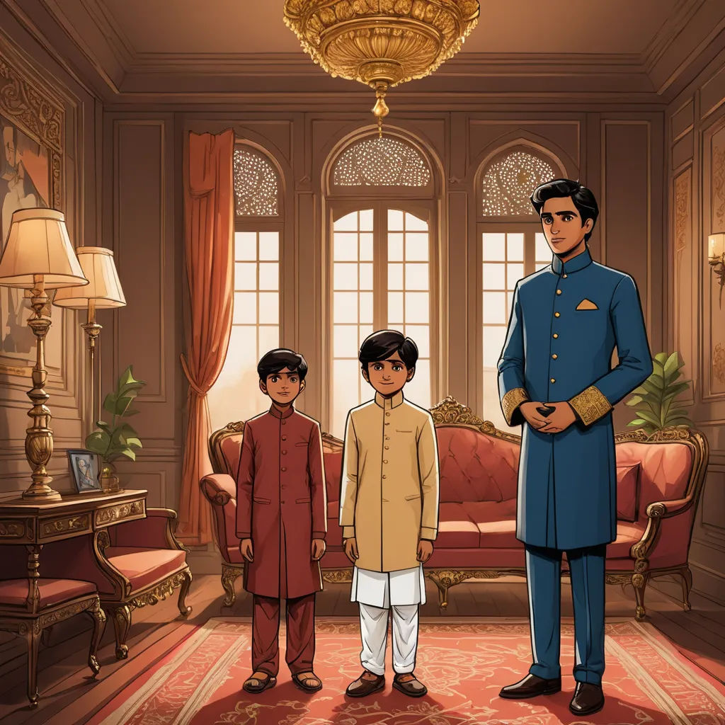 a cartoon of a family standing in a living room with a chandelier and a couch in the background, bengal school of art, a storybook illustration, Anthony Devas, official art