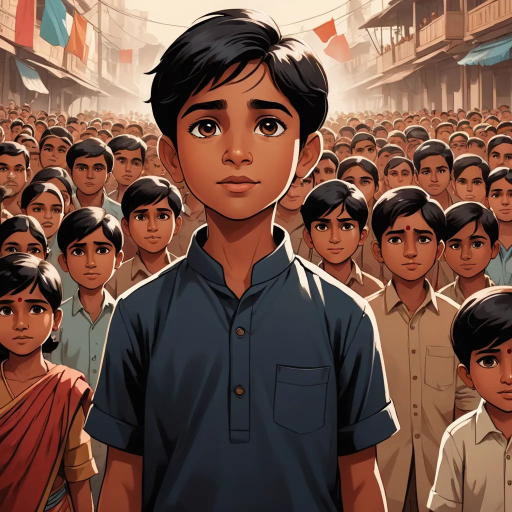a boy standing in front of a crowd of people in a city street with a building in the background, samikshavad, a storybook illustration, Aaron Jasinski, graphic novel