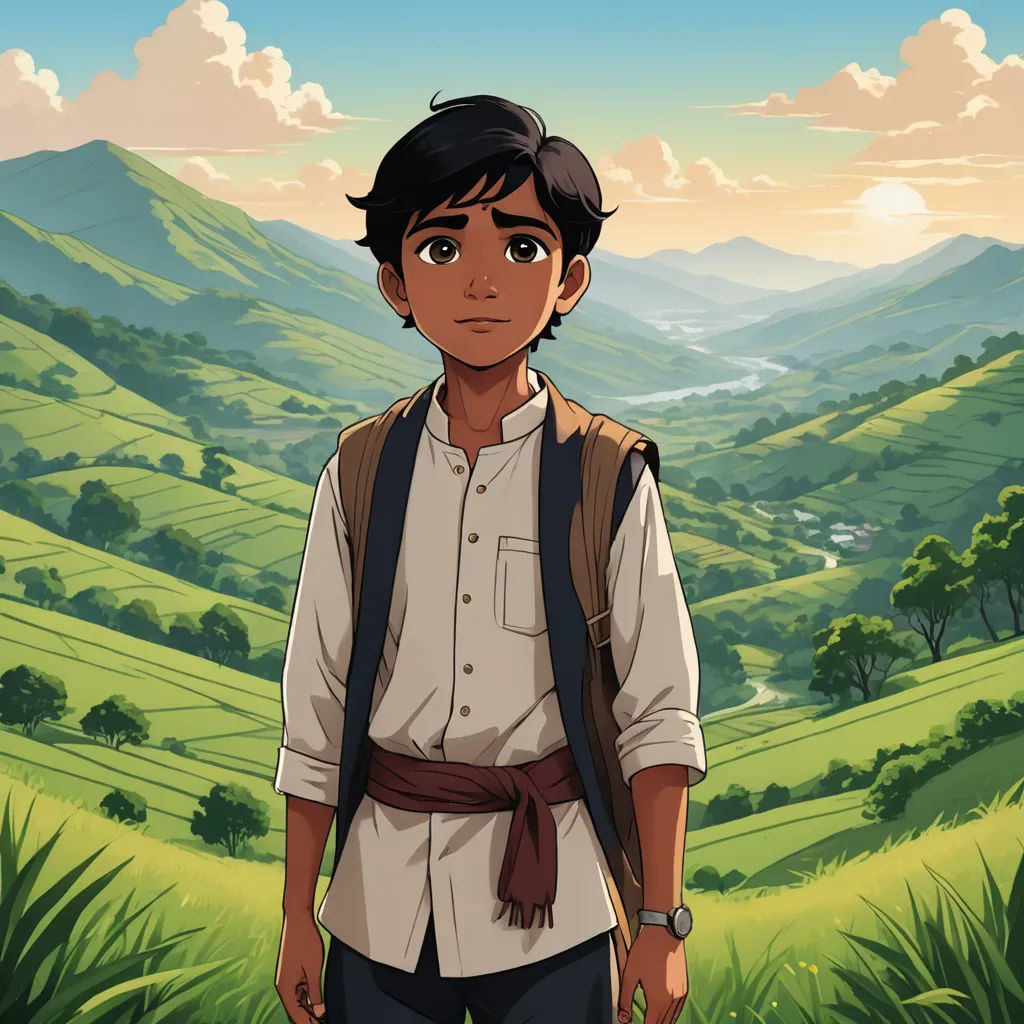 a boy with a backpack standing in front of a mountain landscape with a valley in the background and a valley in the foreground, samikshavad, poster art, Cliff Childs, official art