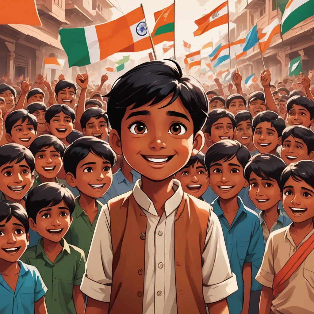a boy standing in front of a crowd of people with flags in the background of him and a boy in the foreground, samikshavad, a storybook illustration, Bikash Bhattacharjee, graphic novel