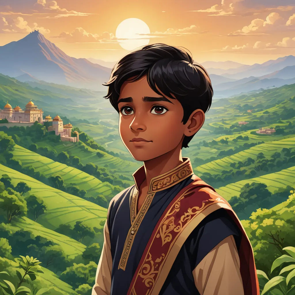 a boy in a medieval outfit standing in front of a mountain landscape with a castle in the background and a sun setting, sots art, a character portrait, Altoon Sultan, official art