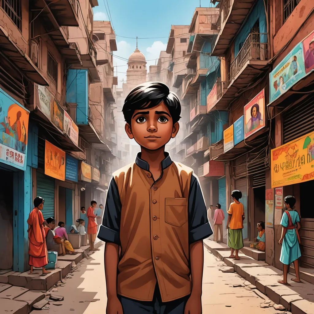 a boy standing in a street in a city with people on the sidewalks and buildings in the background, with a blue sky, samikshavad, a storybook illustration, Bikash Bhattacharjee, comic cover art