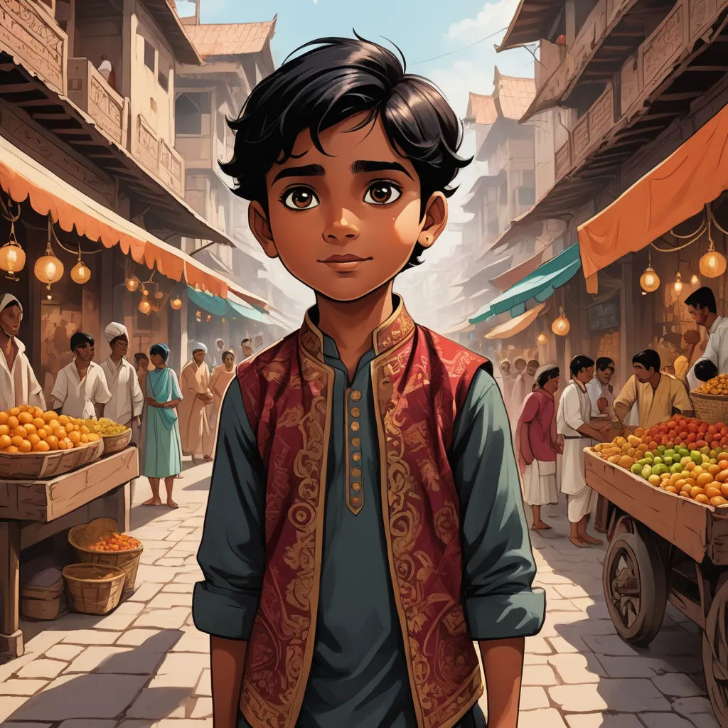 a boy in a red vest standing in front of a market with oranges on display in the background, hurufiyya, a storybook illustration, Altoon Sultan, graphic novel