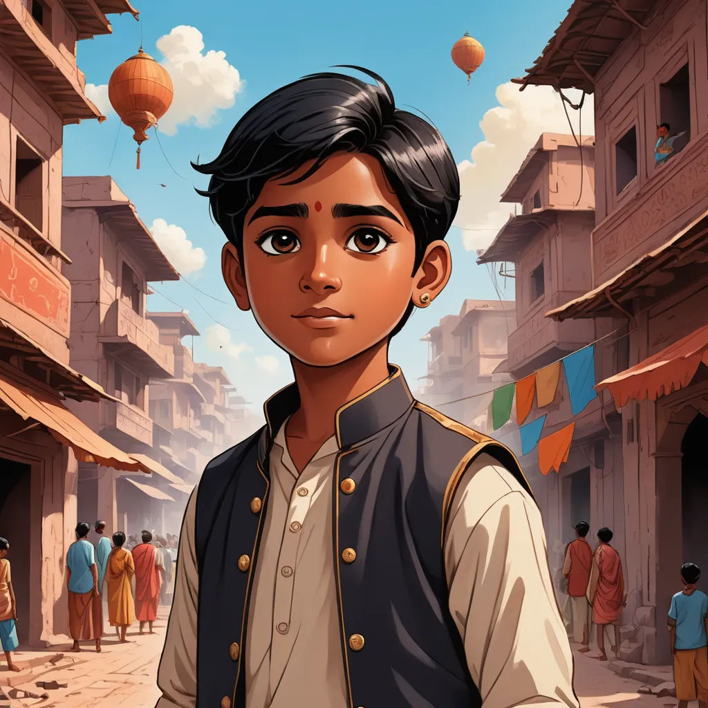 a boy in a street with a bunch of people in the background and a sky with clouds above him, samikshavad, poster art, Amir Zand, graphic novel