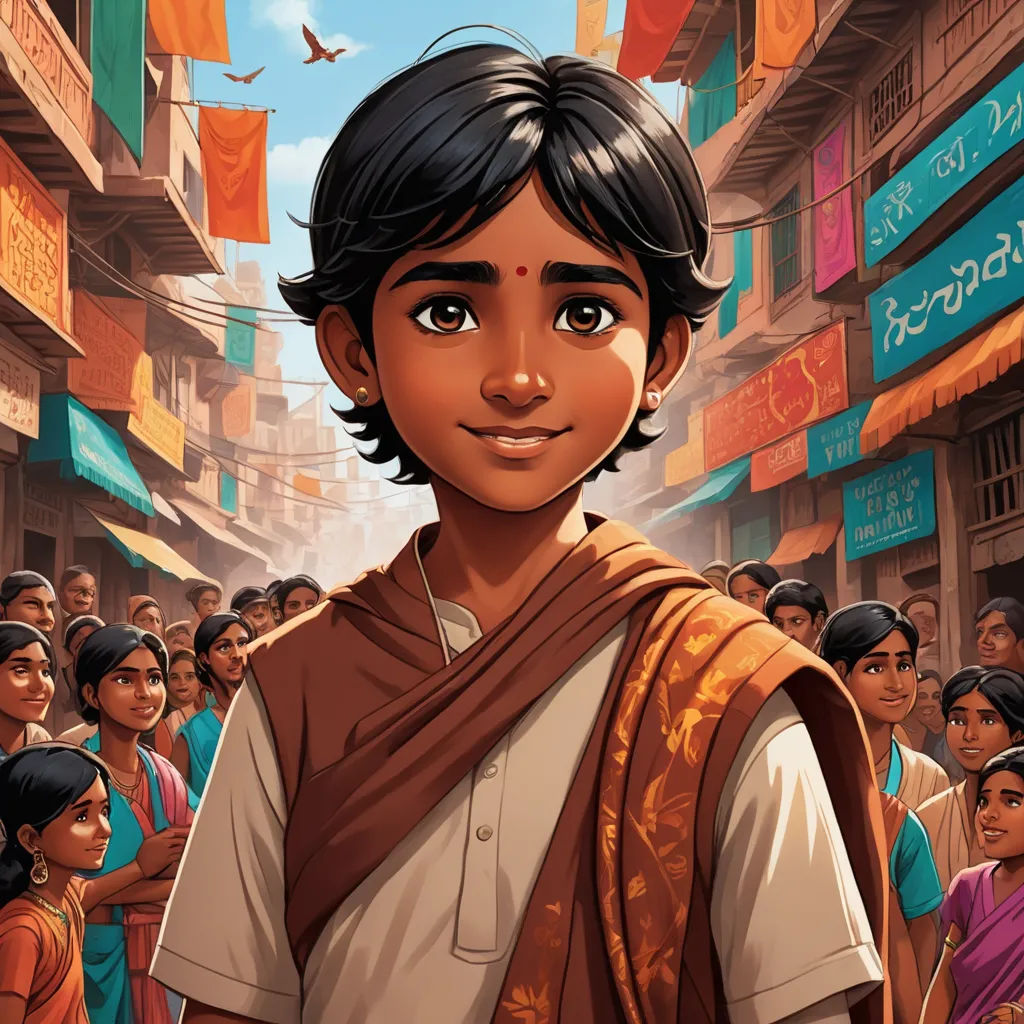 a young boy in a brown and white shirt and a crowd of people in a street with flags flying overhead, samikshavad, a storybook illustration, Ella Guru, comic cover art