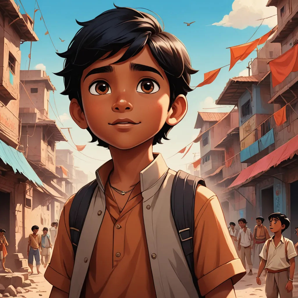 a boy with a backpack standing in a street with a crowd of people in the background and a blue sky, samikshavad, poster art, Cliff Childs, rossdraws global illumination
