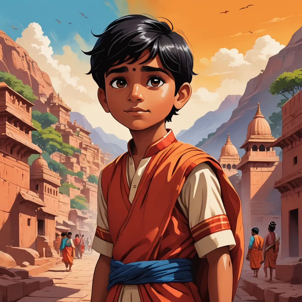 a young boy in a red and white shirt standing in front of a mountain village with a sky background, samikshavad, poster art, Anthony Devas, official art