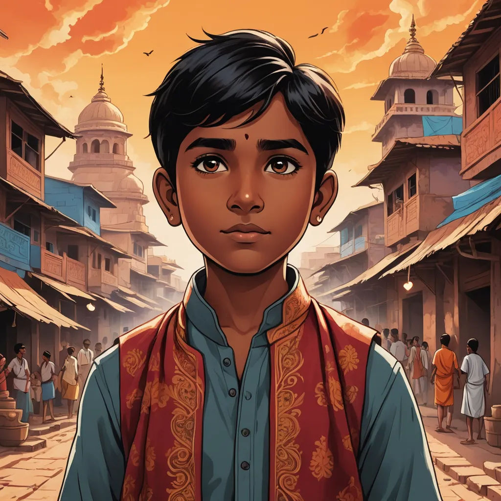 a boy in a blue shirt and a red vest standing in a street with buildings and people in the background, samikshavad, a storybook illustration, Anthony Devas, graphic novel