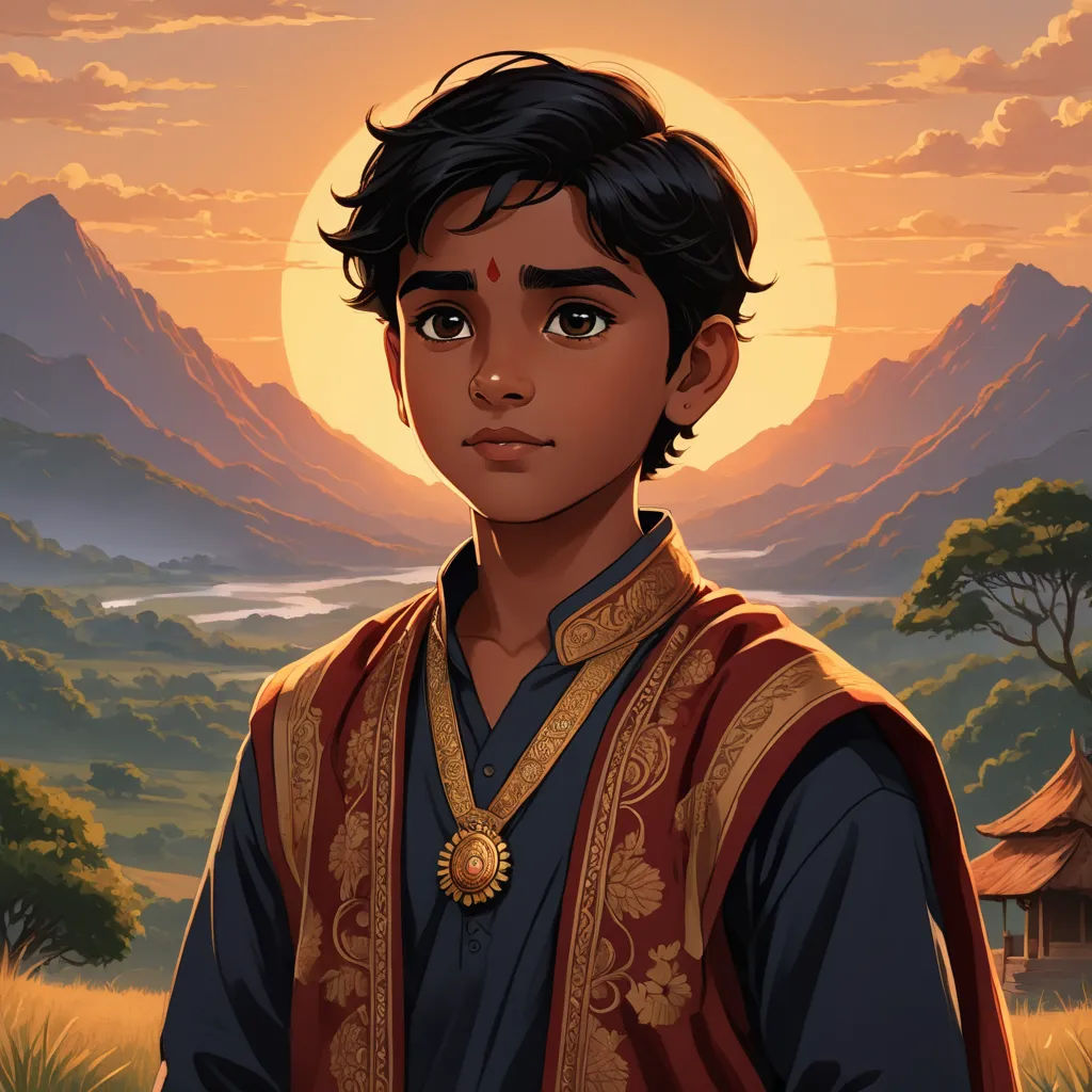 a boy in a red and gold outfit standing in front of a mountain range with a sunset behind him, samikshavad, a character portrait, Anthony Devas, official art