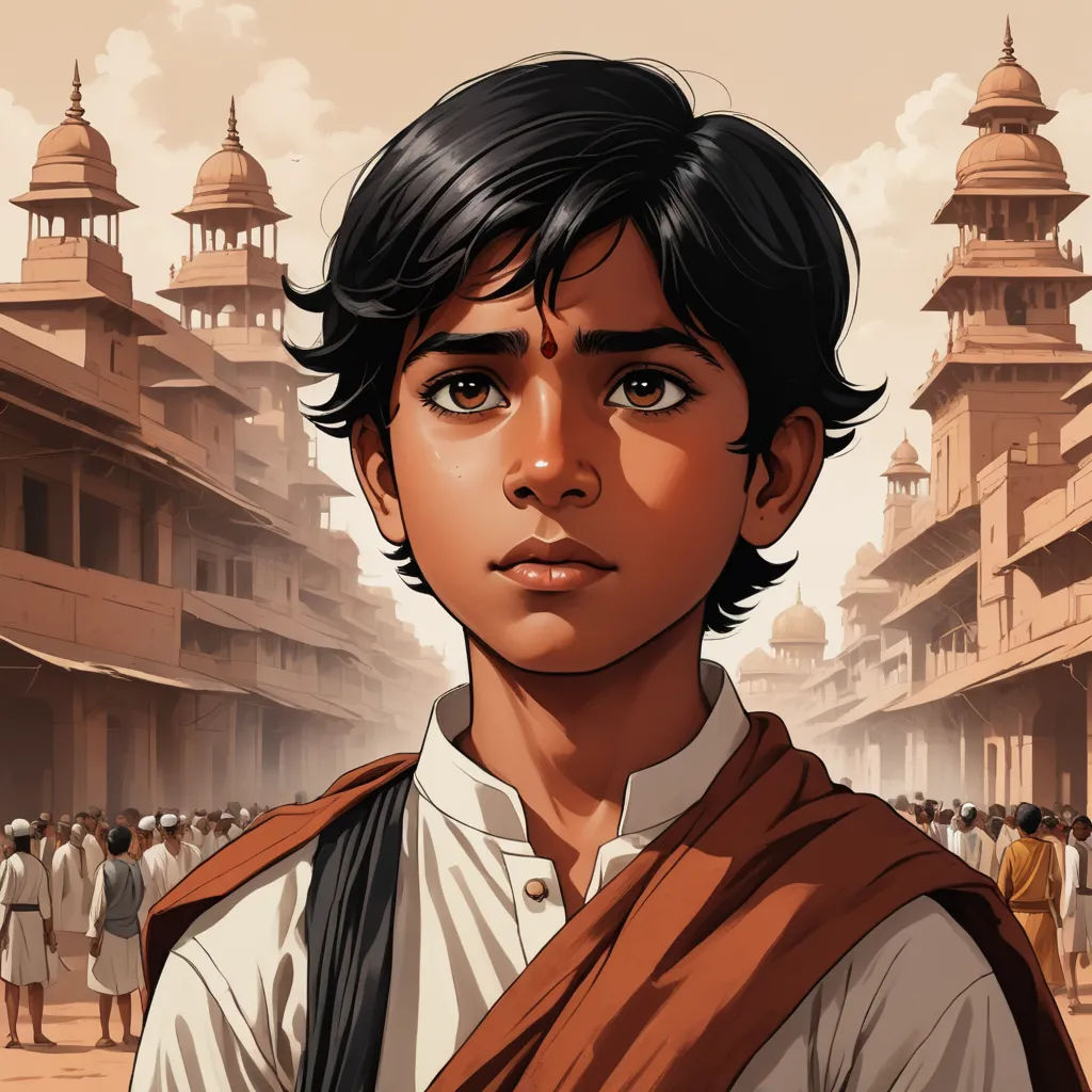 a boy with a brown vest and white shirt standing in front of a crowd of people in a city, samikshavad, poster art, Diego Gisbert Llorens, graphic novel