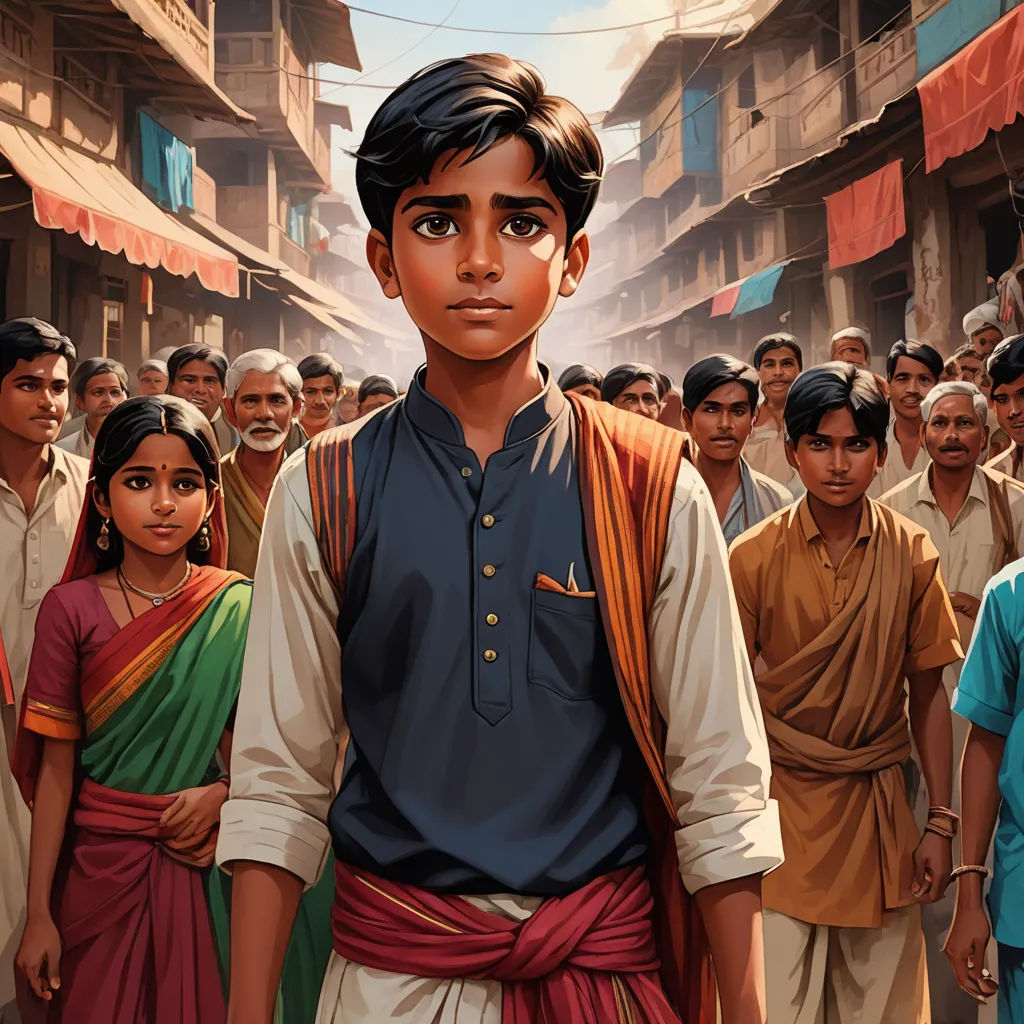a painting of a man standing in front of a crowd of people in india, with a blue shirt on, samikshavad, a storybook illustration, Aaron Jasinski, graphic novel