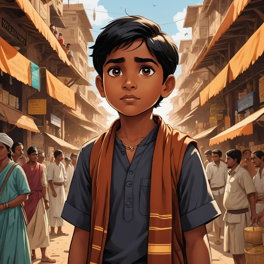 a boy in a brown vest standing in a crowded street with people in the background and a building with orange awnings, samikshavad, poster art, Drew Struzan, graphic novel