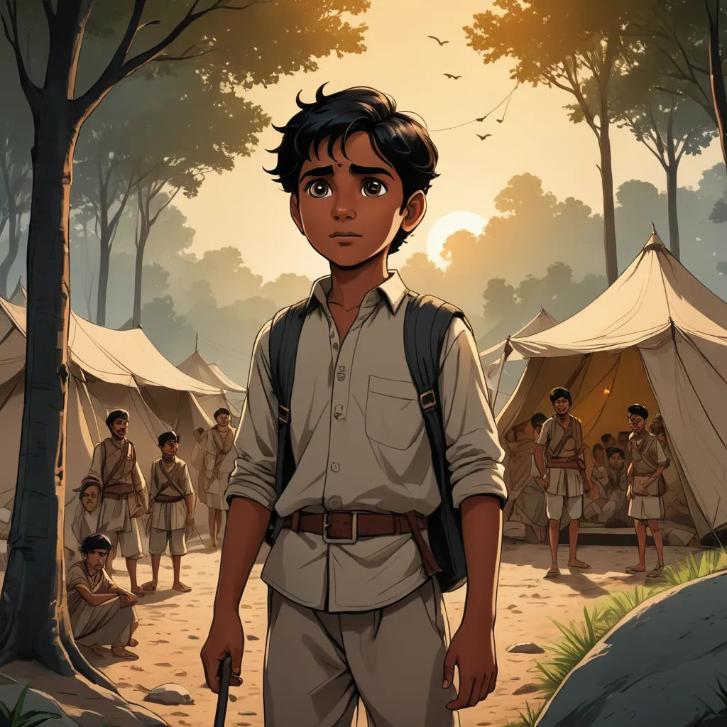 a boy in a scout uniform standing in front of a group of people in a forest with tents and trees, samikshavad, a character portrait, Diego Gisbert Llorens, official art