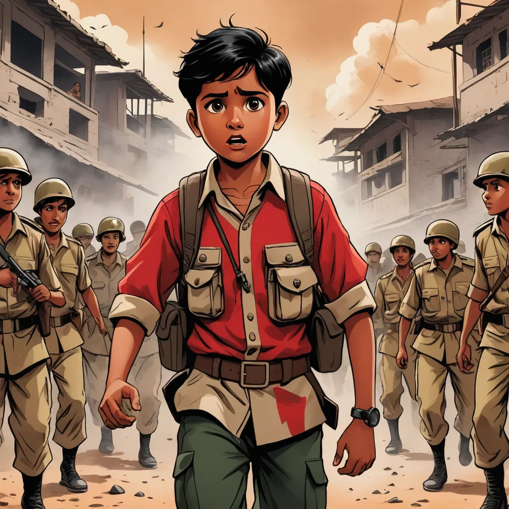 a cartoon of a boy in a red shirt and a group of soldiers in the background with a building, samikshavad, a comic book panel, Basuki Abdullah, graphic novel