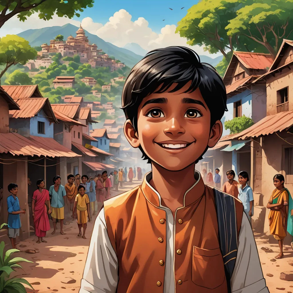 a boy in a village with a village in the background and a crowd of people standing around him, all smiling, samikshavad, a storybook illustration, Chris LaBrooy, graphic novel