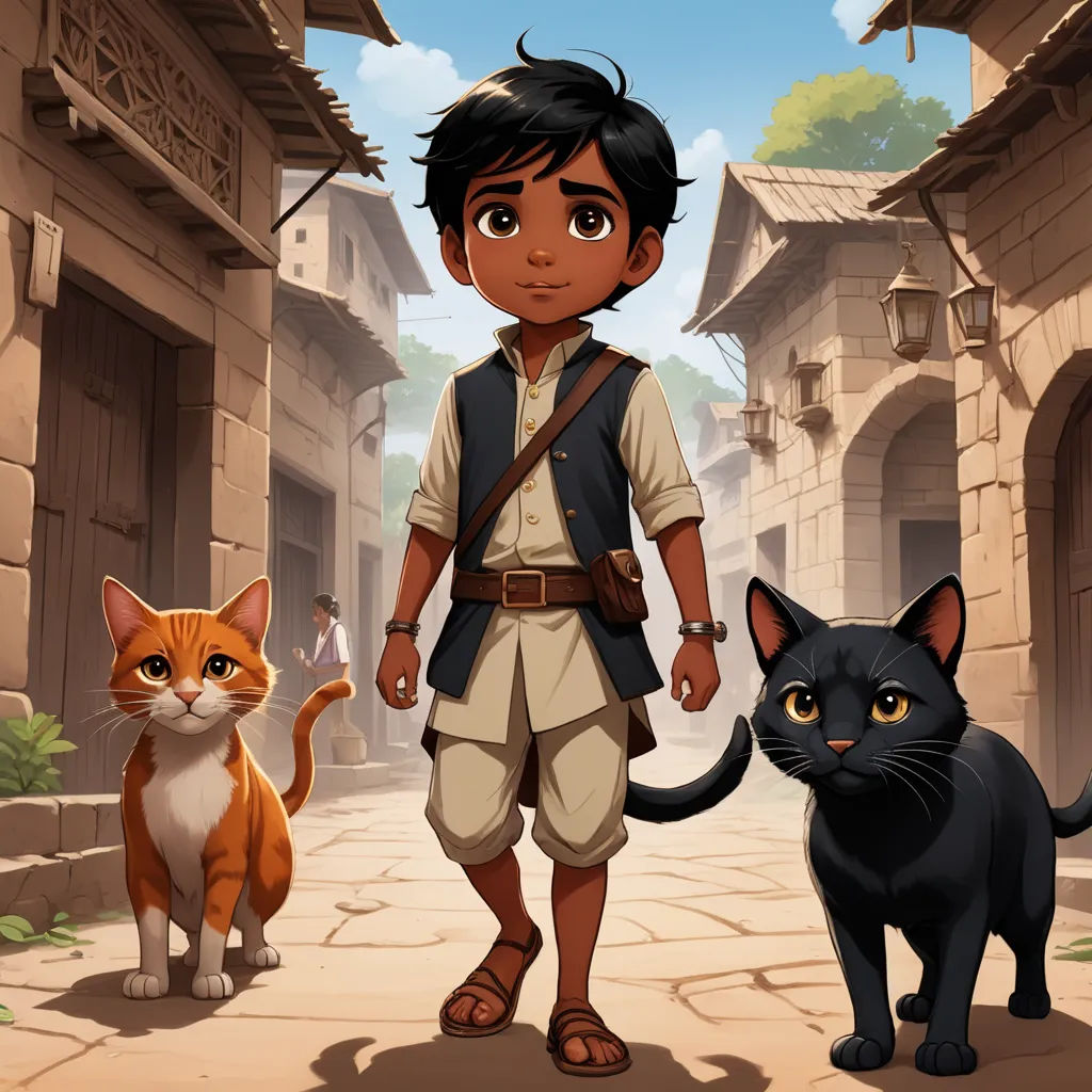 a boy and a cat standing in a street with a building in the background and a man in a vest and a cat standing next to him, magical realism, concept art, Altoon Sultan, official art