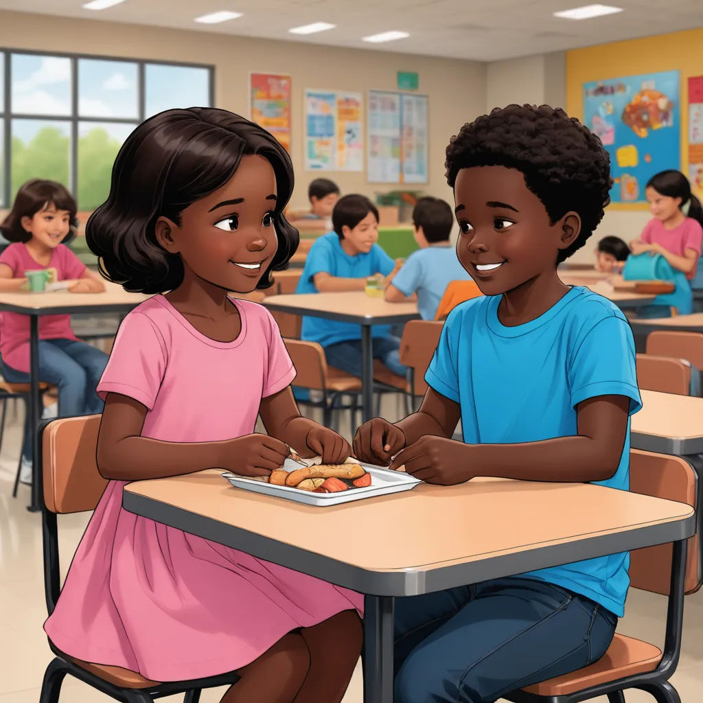 a cartoon of a boy and girl sitting at a table in a classroom with a plate of food in front of them, american scene painting, a storybook illustration, Chinwe Chukwuogo-Roy, official art