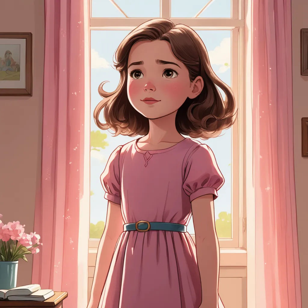 a girl in a pink dress standing in front of a window with a book on a table next to a vase of flowers, serial art, a storybook illustration, Clarice Beckett, rossdraws global illumination