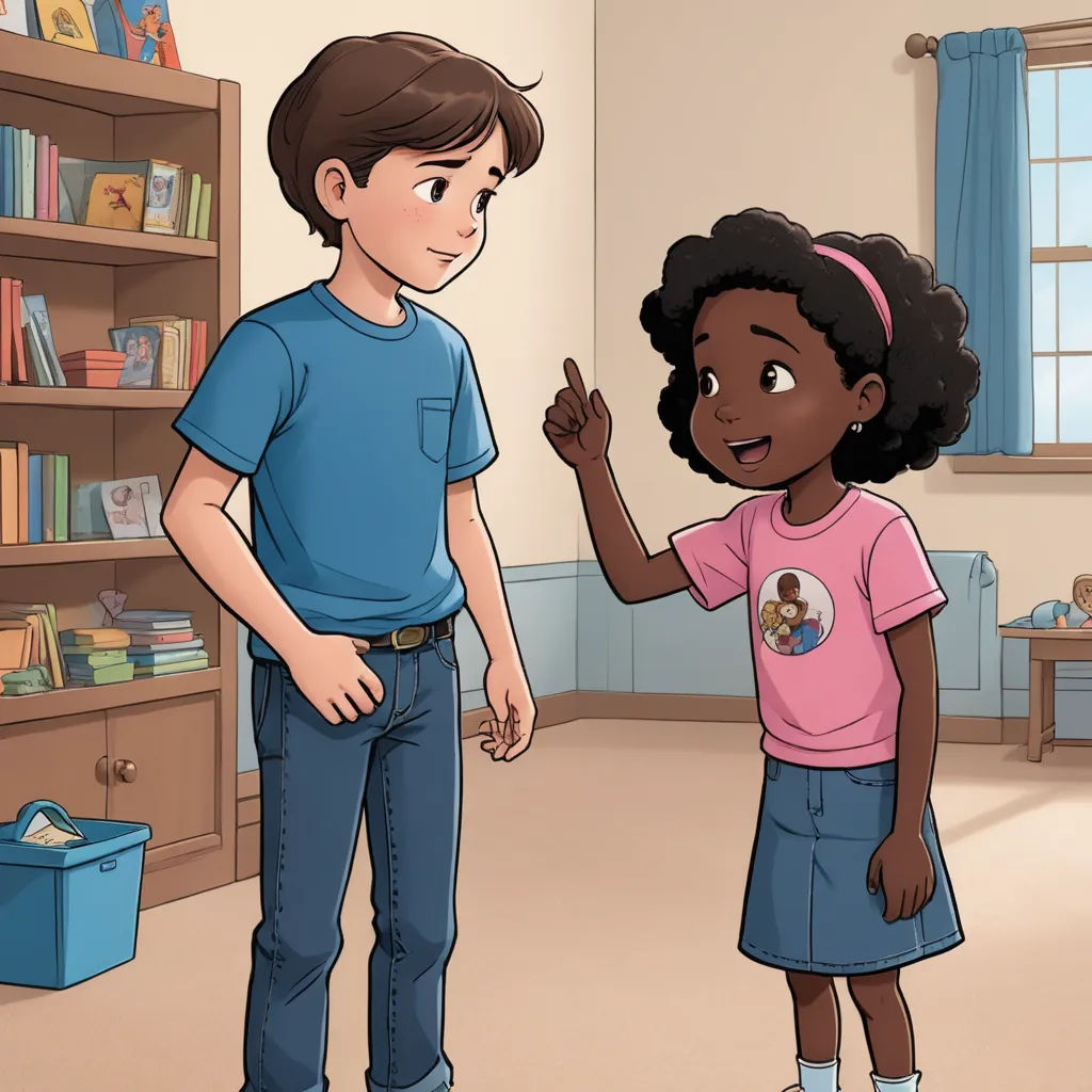 a boy and a girl are standing in a room with bookshelves and a bookcase in the background, american scene painting, a storybook illustration, Ada Gladys Killins, storybook illustration
