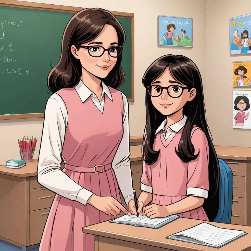 a girl and a girl in a classroom with a blackboard and a desk with a book and a pen, serial art, a storybook illustration, Byeon Sang-byeok, graphic novel