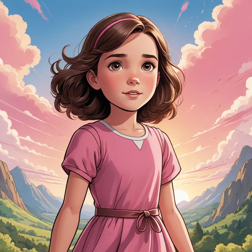 a girl in a pink dress standing in front of a mountain range with a pink sky and clouds behind her, magical realism, a storybook illustration, Clarice Beckett, comic cover art