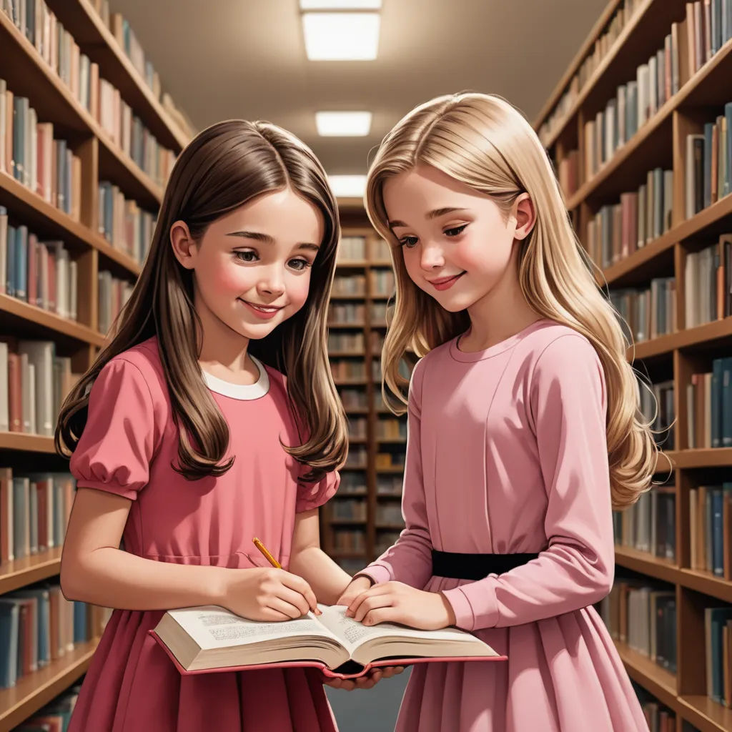 two girls are standing in a library and writing a book together, with bookshelves in the background, figurative art, a storybook illustration, F Scott Hess, storybook illustration