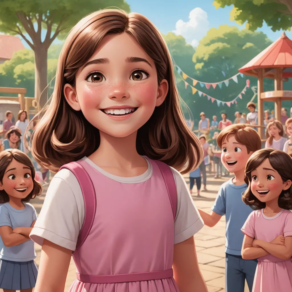 a cartoon girl standing in front of a group of children in a park with a gazebo in the background, american scene painting, a storybook illustration, disney, official art