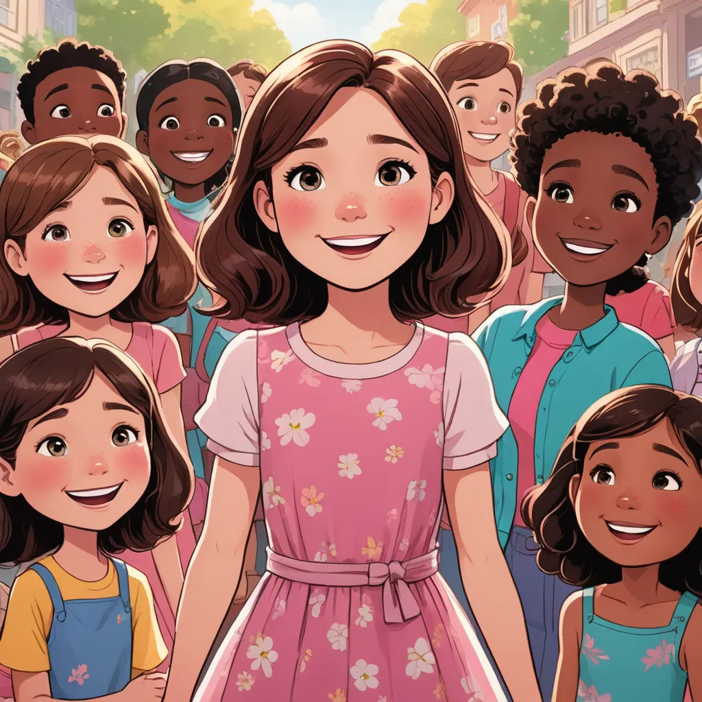a cartoon of a girl surrounded by other children in a crowd of people, with a smiling girl in the center, private press, a storybook illustration, disney, official art