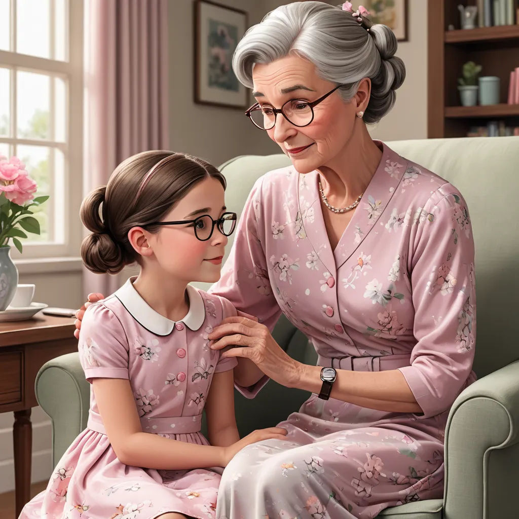 a painting of a woman and a little girl sitting on a couch together, both wearing matching pink pajamas, american realism, a storybook illustration, Elinor Proby Adams, cgstudio