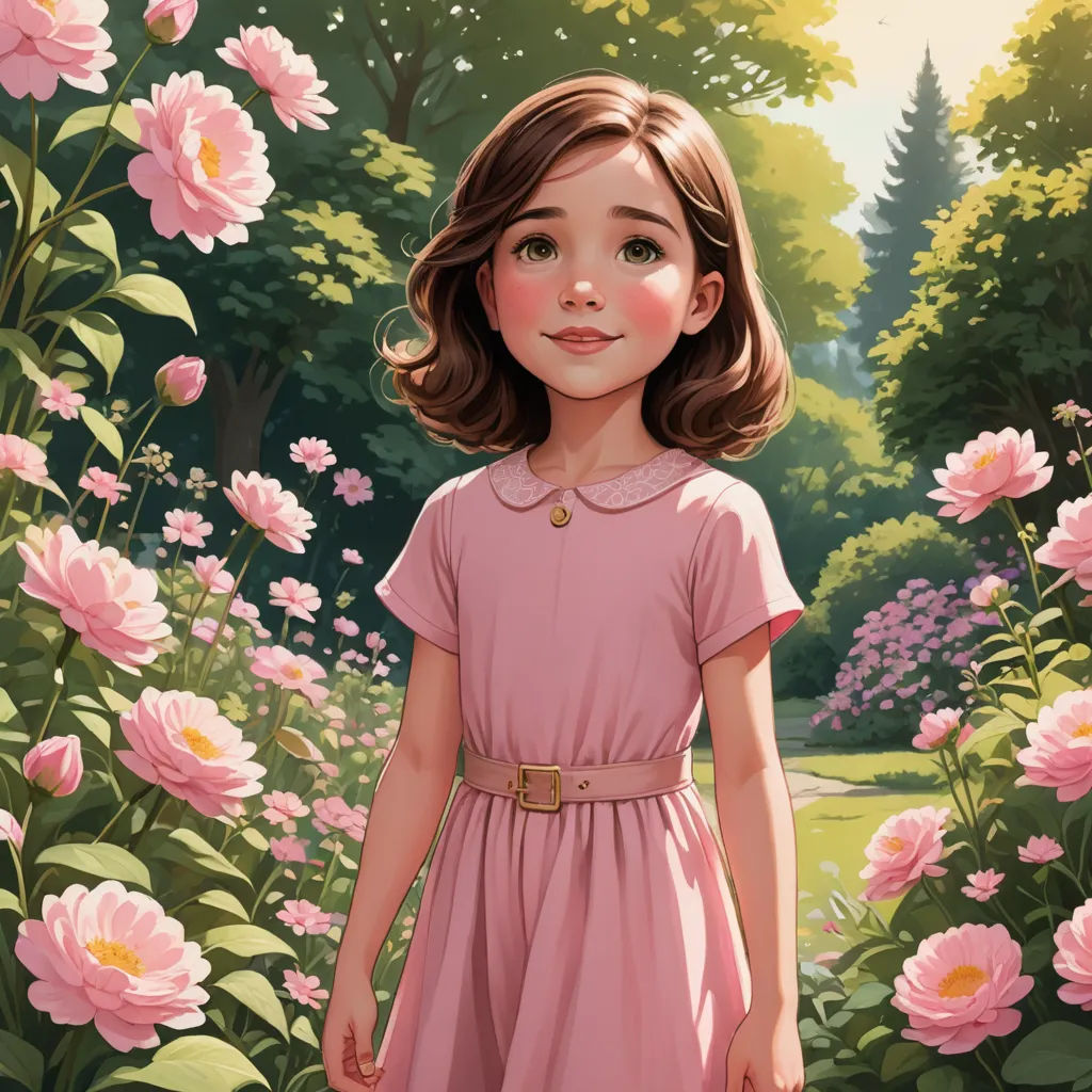 a painting of a girl in a pink dress standing in a garden of flowers with pink flowers in the background, fantasy art, a storybook illustration, Colin Middleton, rossdraws global illumination