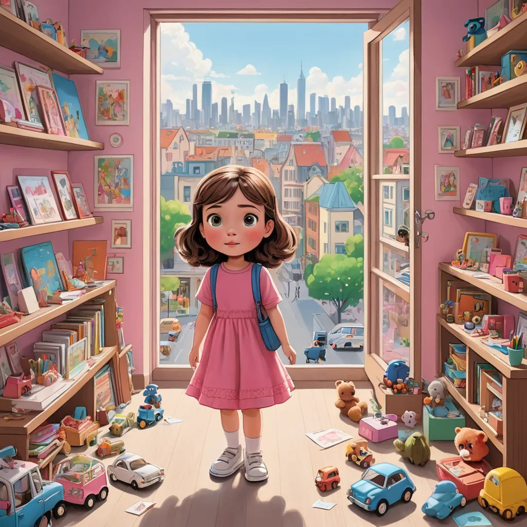 a girl in a pink dress standing in a room with toys and books on the floor and a window, photorealism, a storybook illustration, Chris LaBrooy, city background
