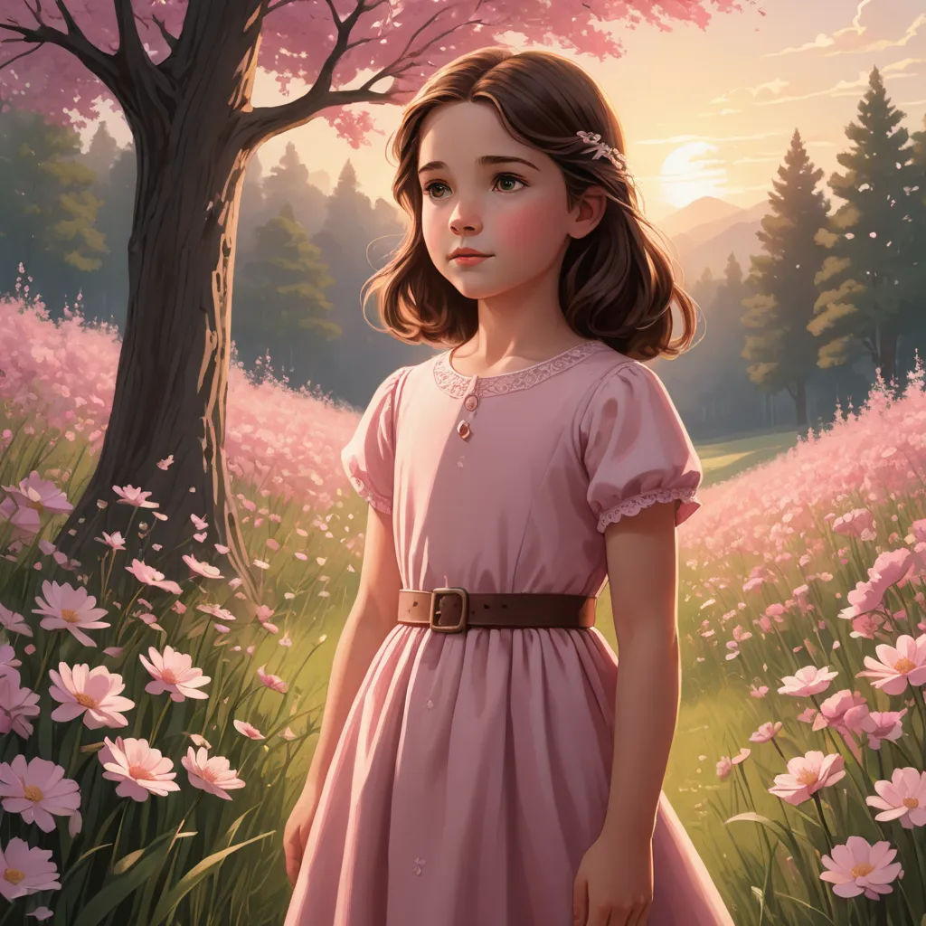 a painting of a girl in a pink dress standing in a field of flowers with a tree in the background, american scene painting, a storybook illustration, Brad Kunkle, kinkade