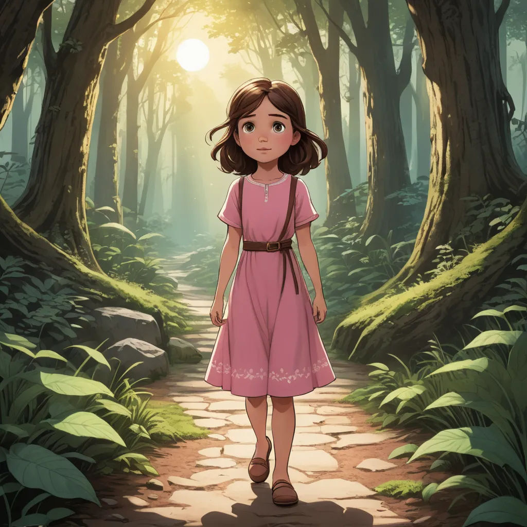 a girl in a pink dress walking through a forest with a path leading to a sunbeam in the distance, fantasy art, a storybook illustration, Cliff Childs, rossdraws global illumination